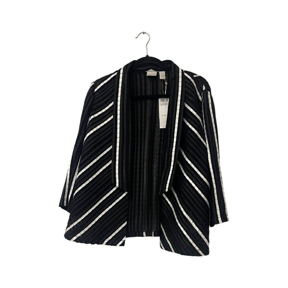 Chicos Women Blazer Aurora Jacket Size 1 S Black White Striped Open Front NWT